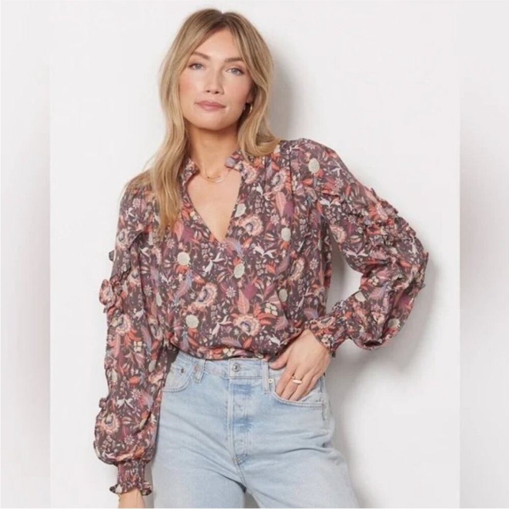 Evereve Dark Floral Blouse Brown and Orange Romantic Ruffle Sleeve